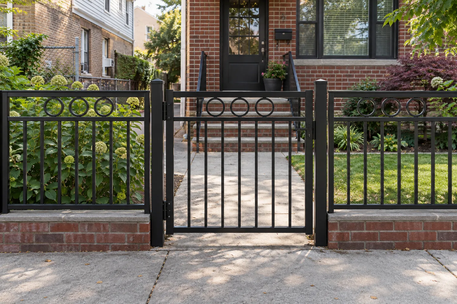 Geometric steel walk gate · full fence view