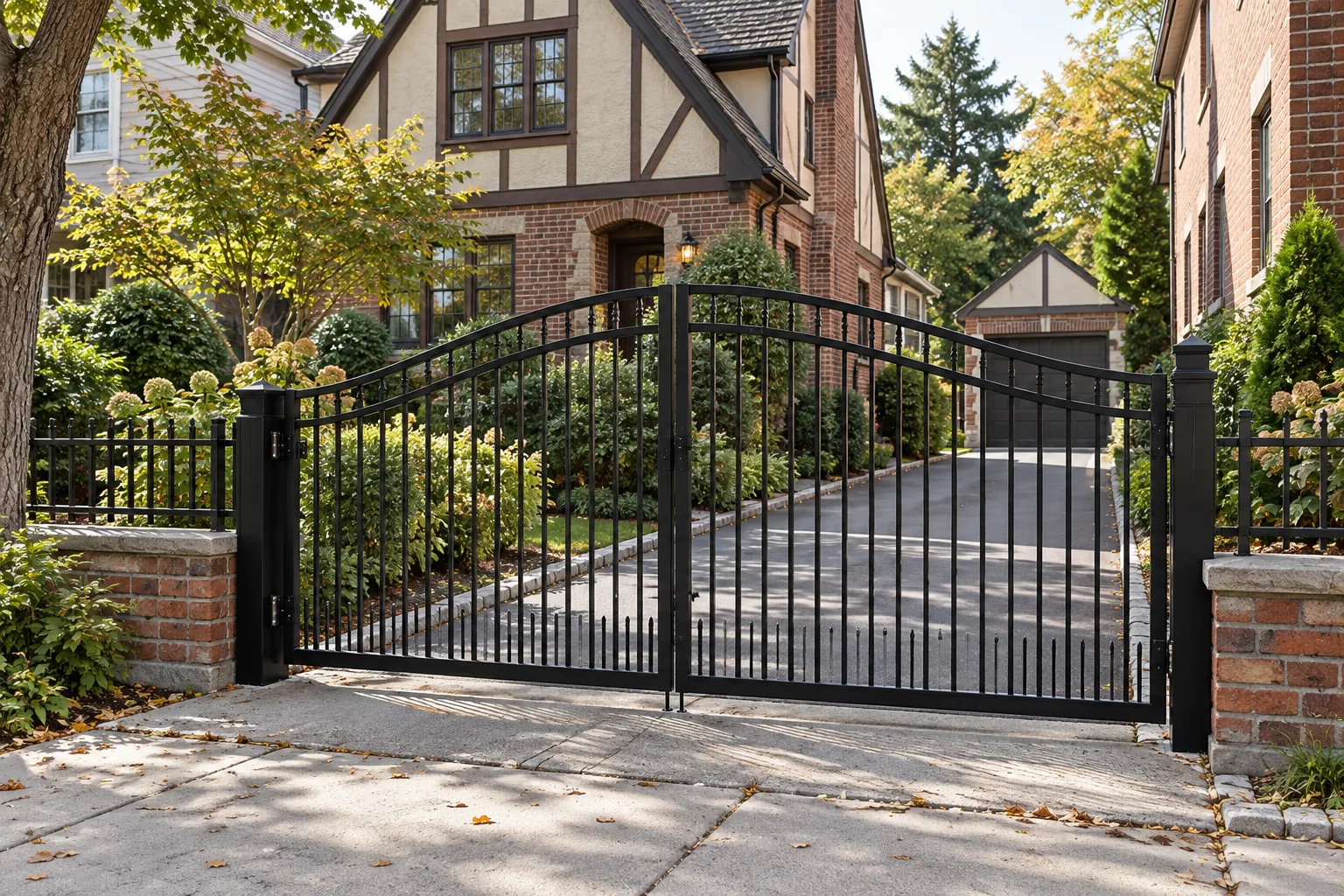 Double arched driveway gate · full fence view