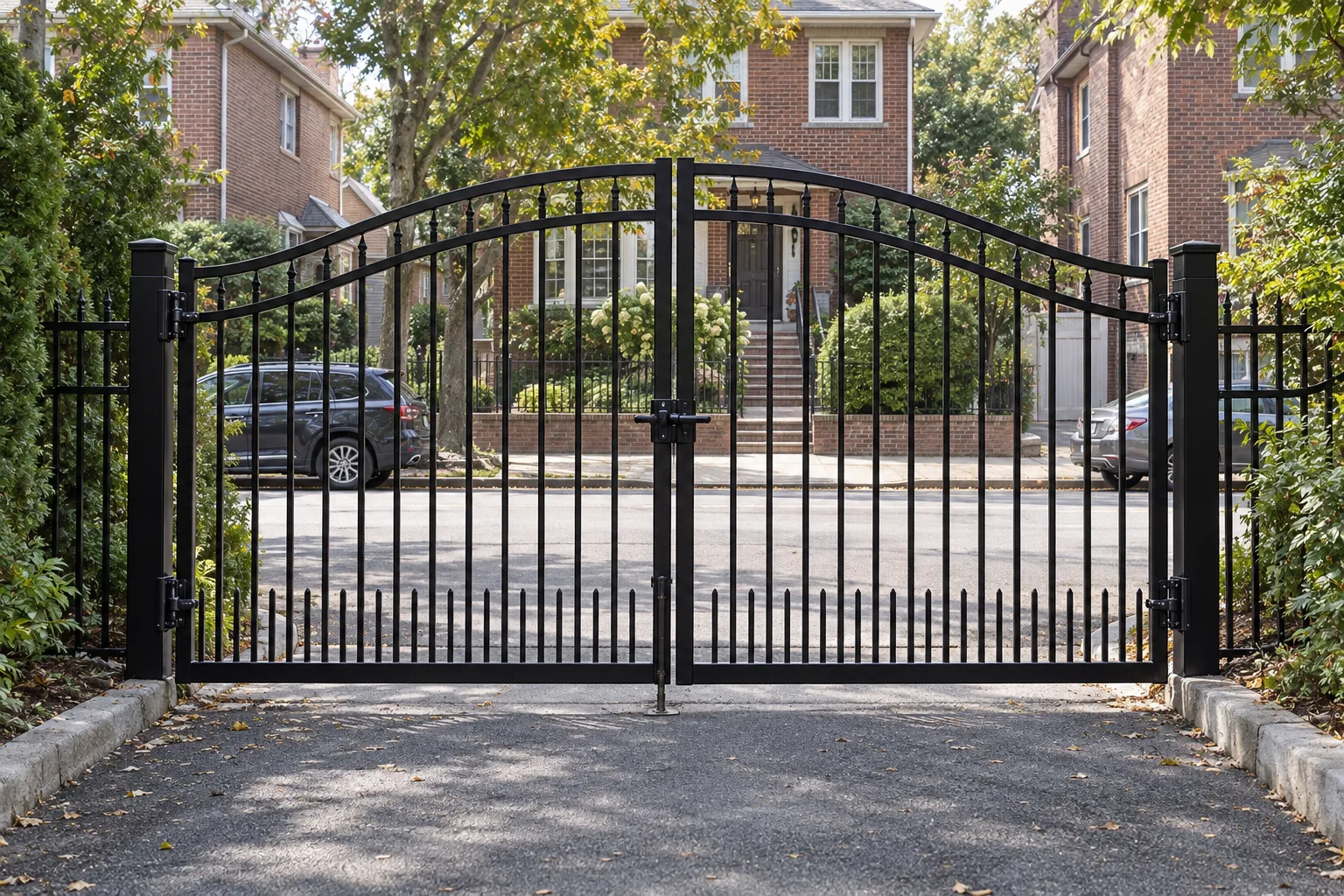 Double arched driveway gate · Double arched ornamental driveway gate · view 3