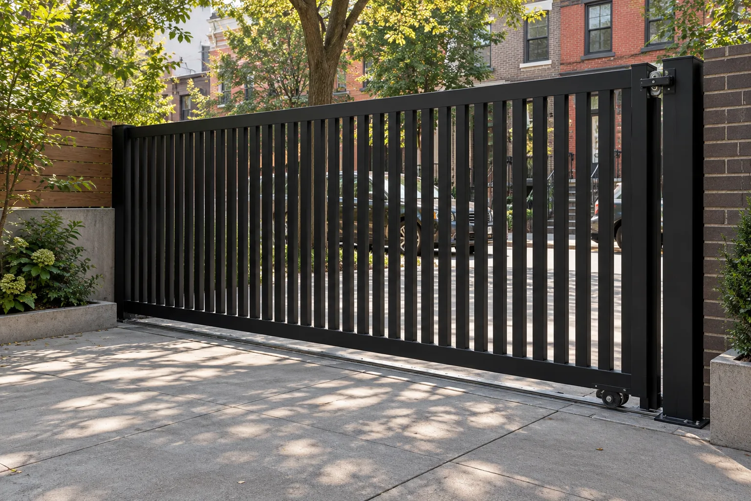 Vertical-slat sliding gate · Vertical-slat sliding driveway gate · view 3