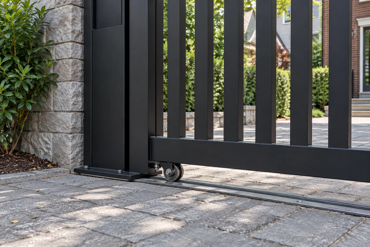 Vertical-slat sliding gate · close-up design detail