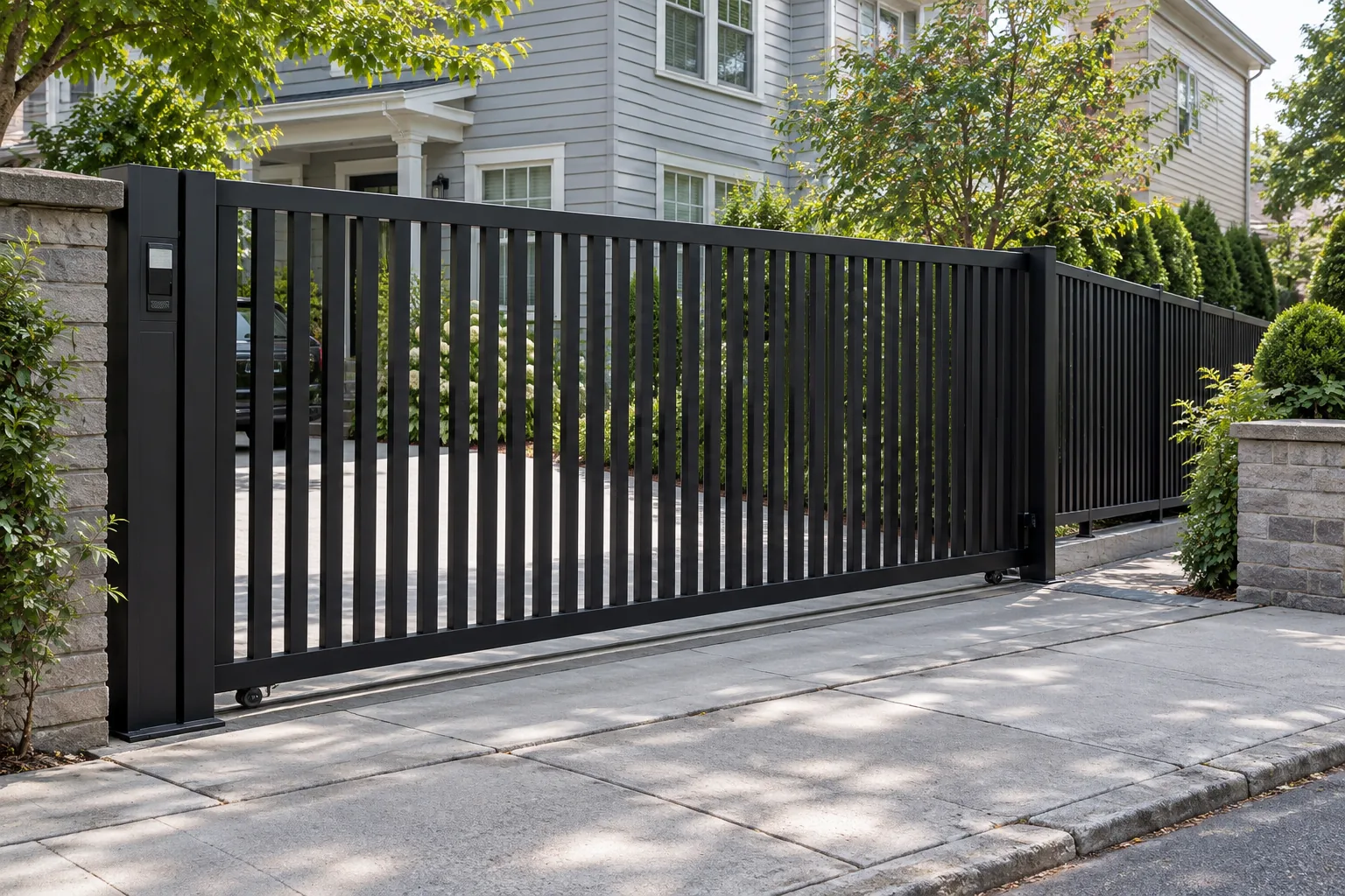 Vertical-slat sliding gate · full fence view