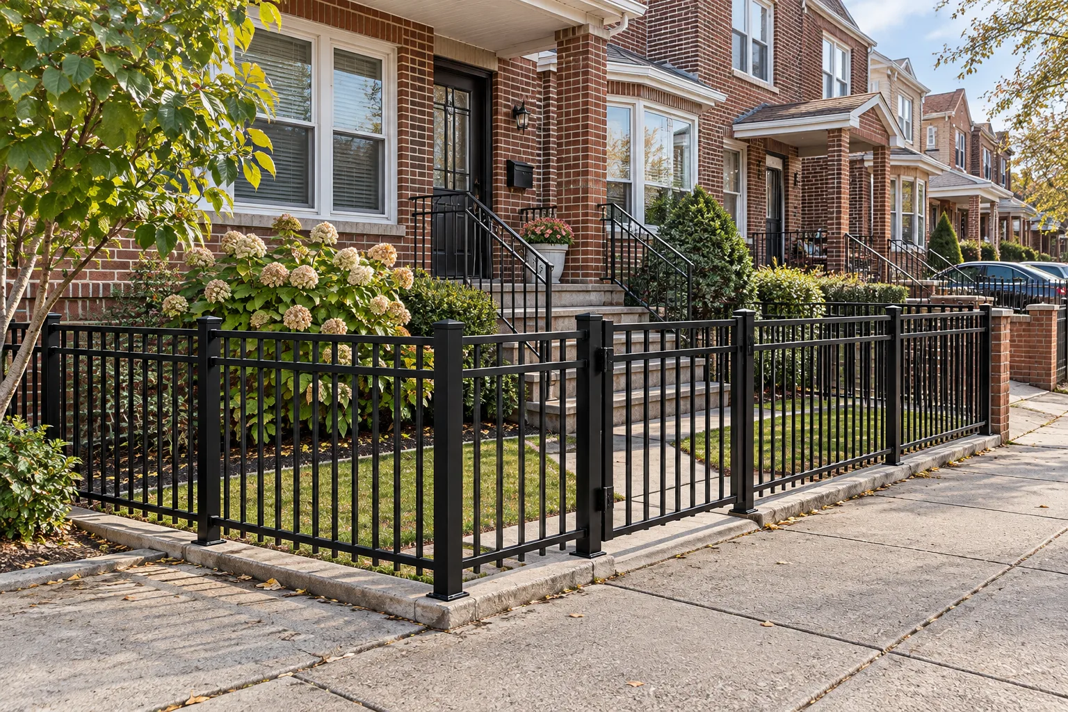 Brick rowhouse and black aluminum