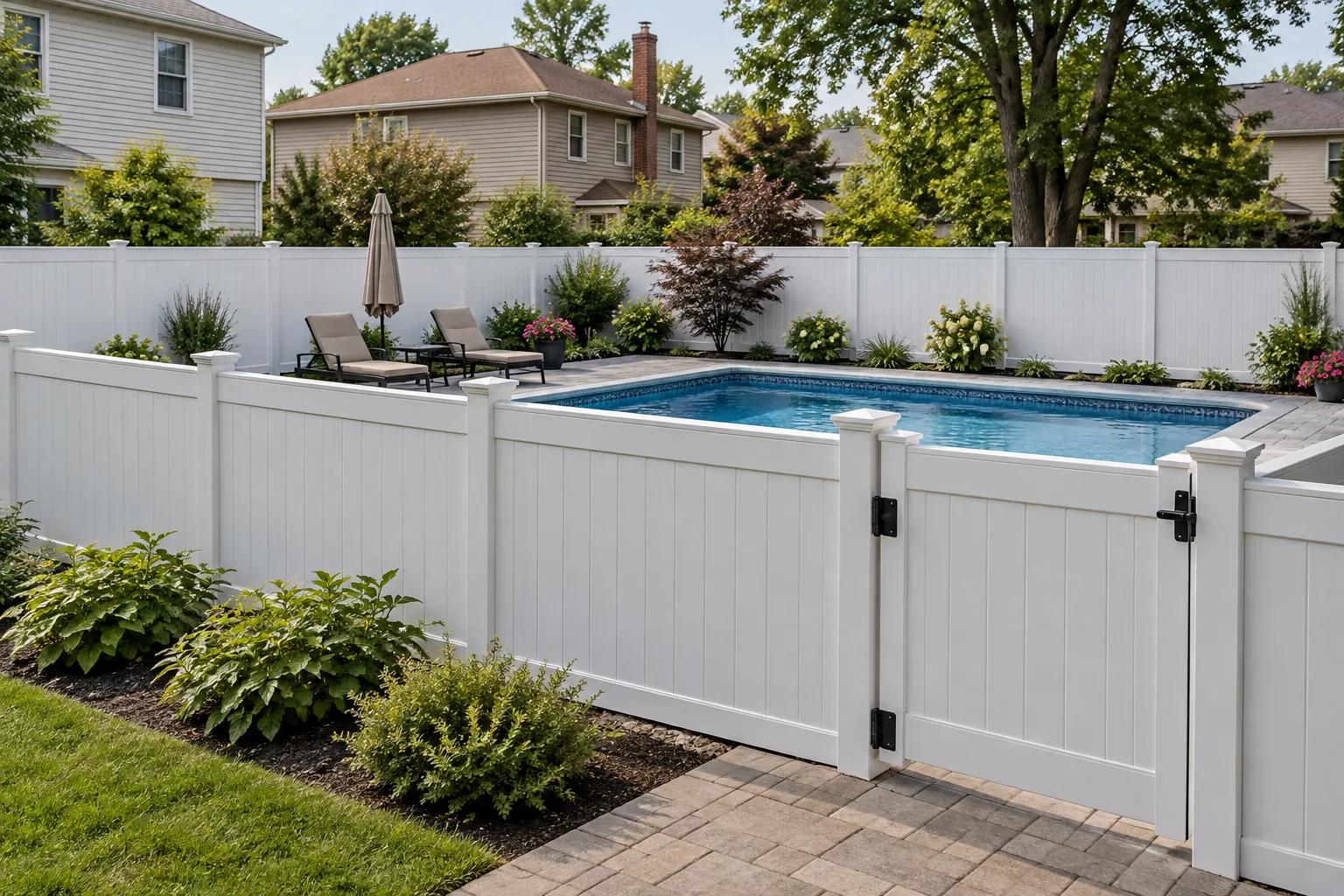 Pool enclosure ideas · White vinyl privacy enclosure
