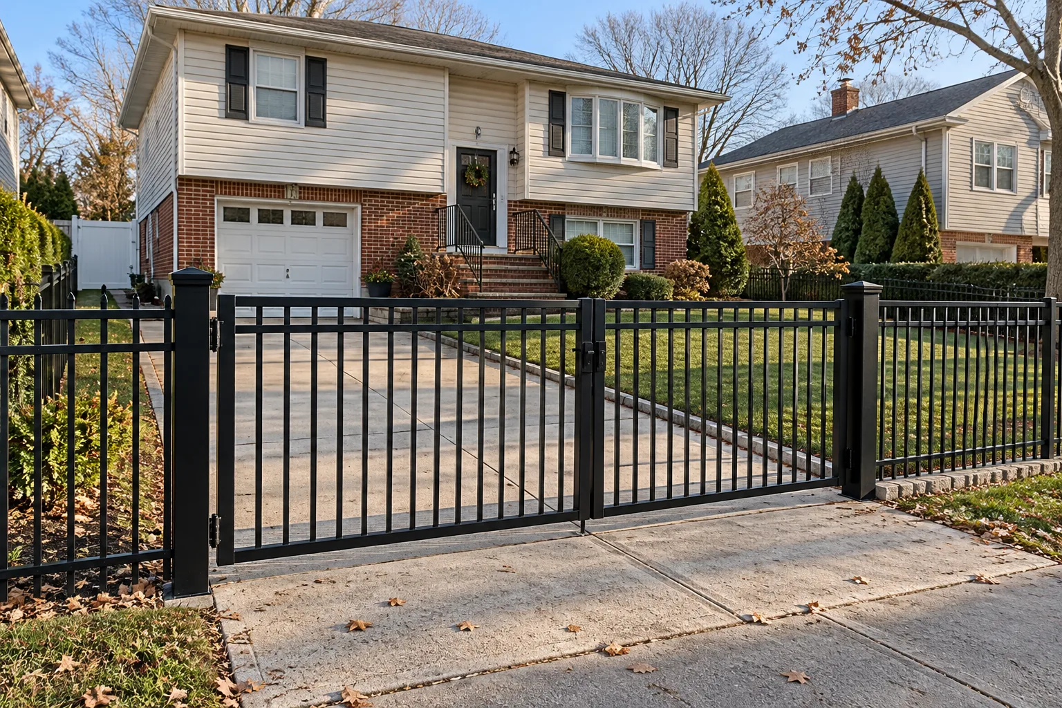 Split-level and black driveway gate