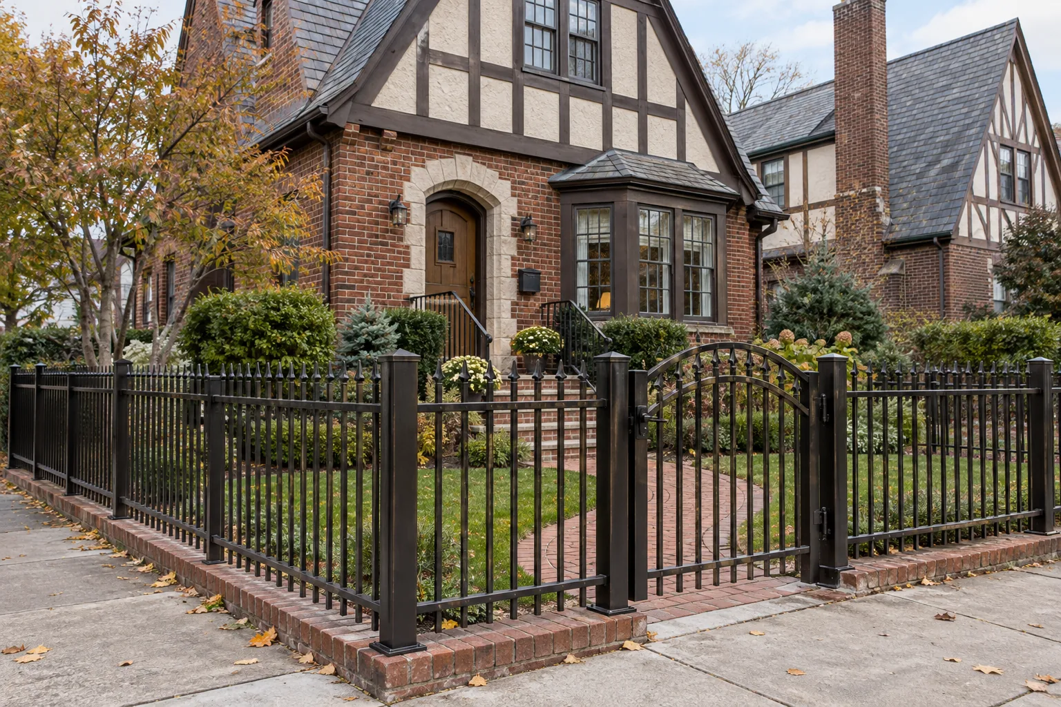 Ornamental black metal fence and arched gate at a Tudor home