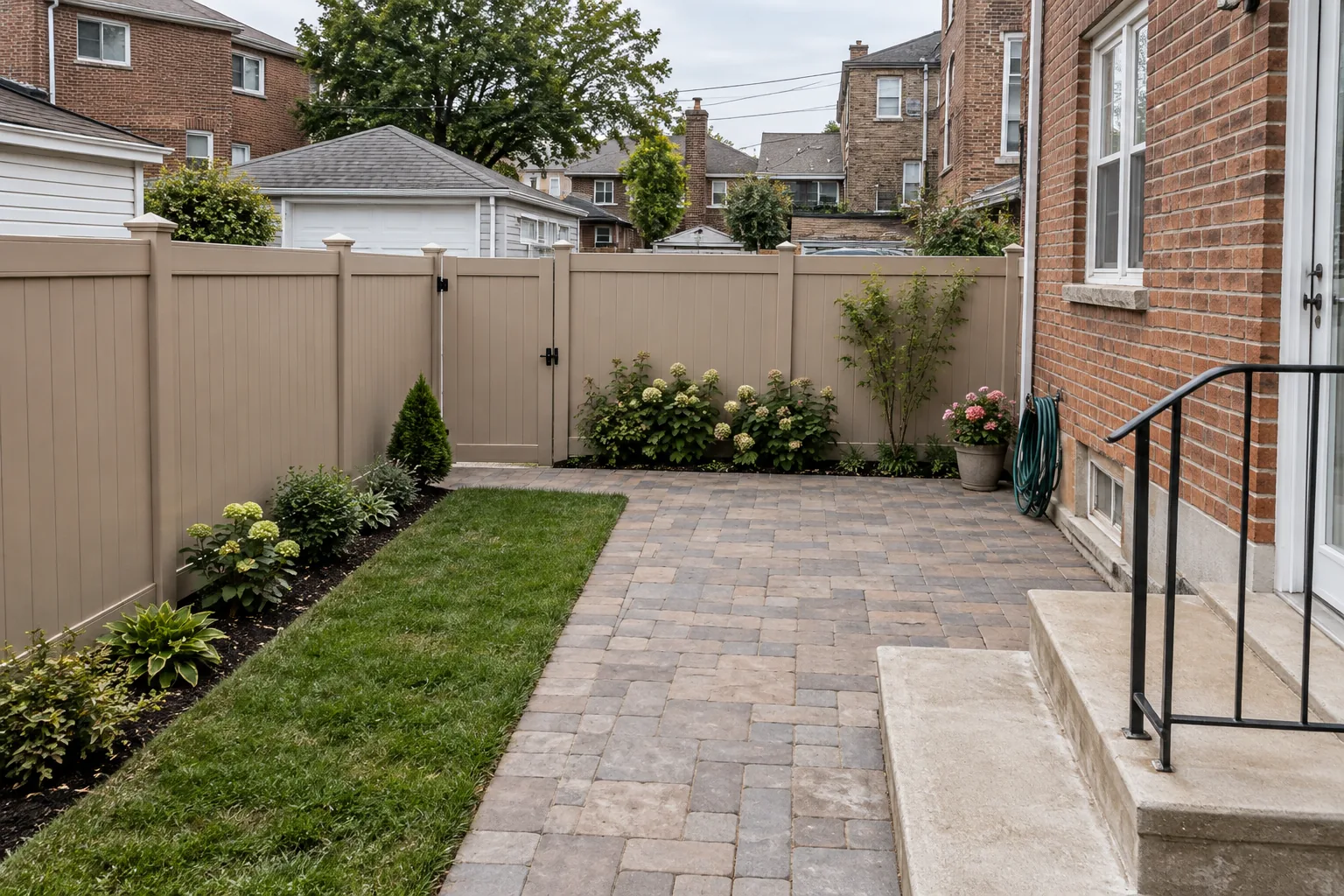 Tan vinyl privacy fence around a brick-home backyard
