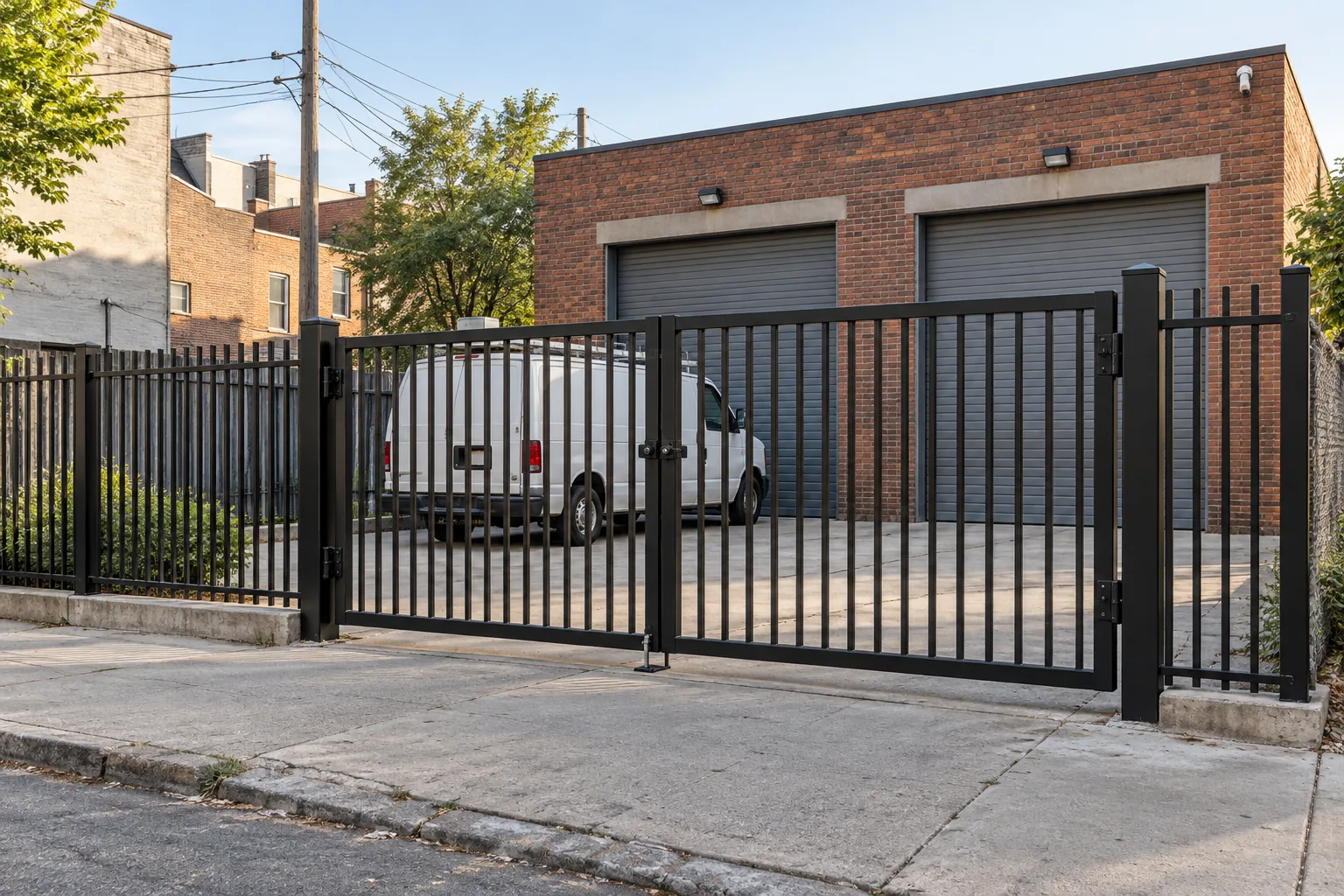 Black steel double driveway gate at a brick workshop
