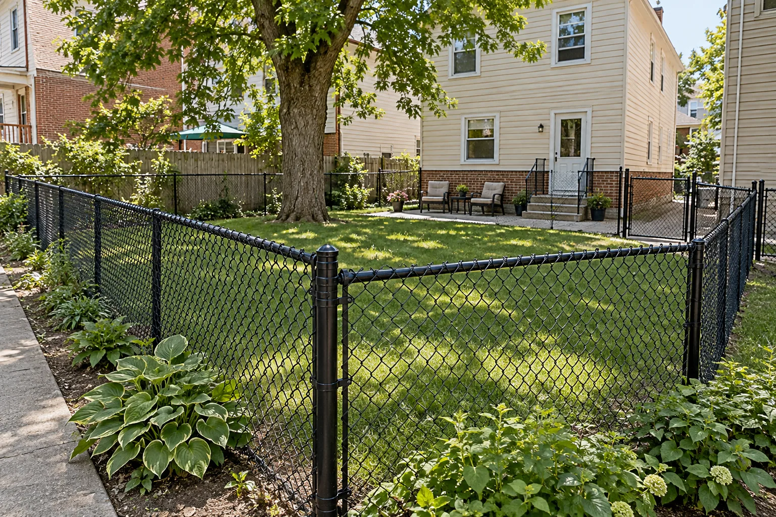 Black chain-link fence around a shaded residential lawn