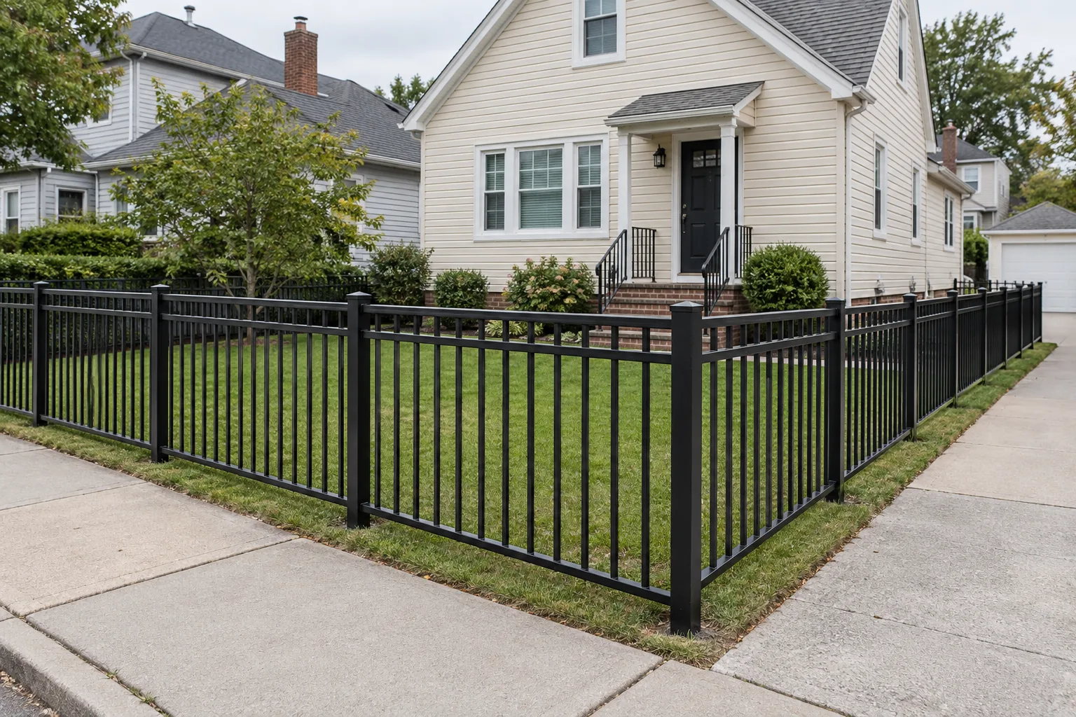 Flat-top ornamental aluminum · full fence view