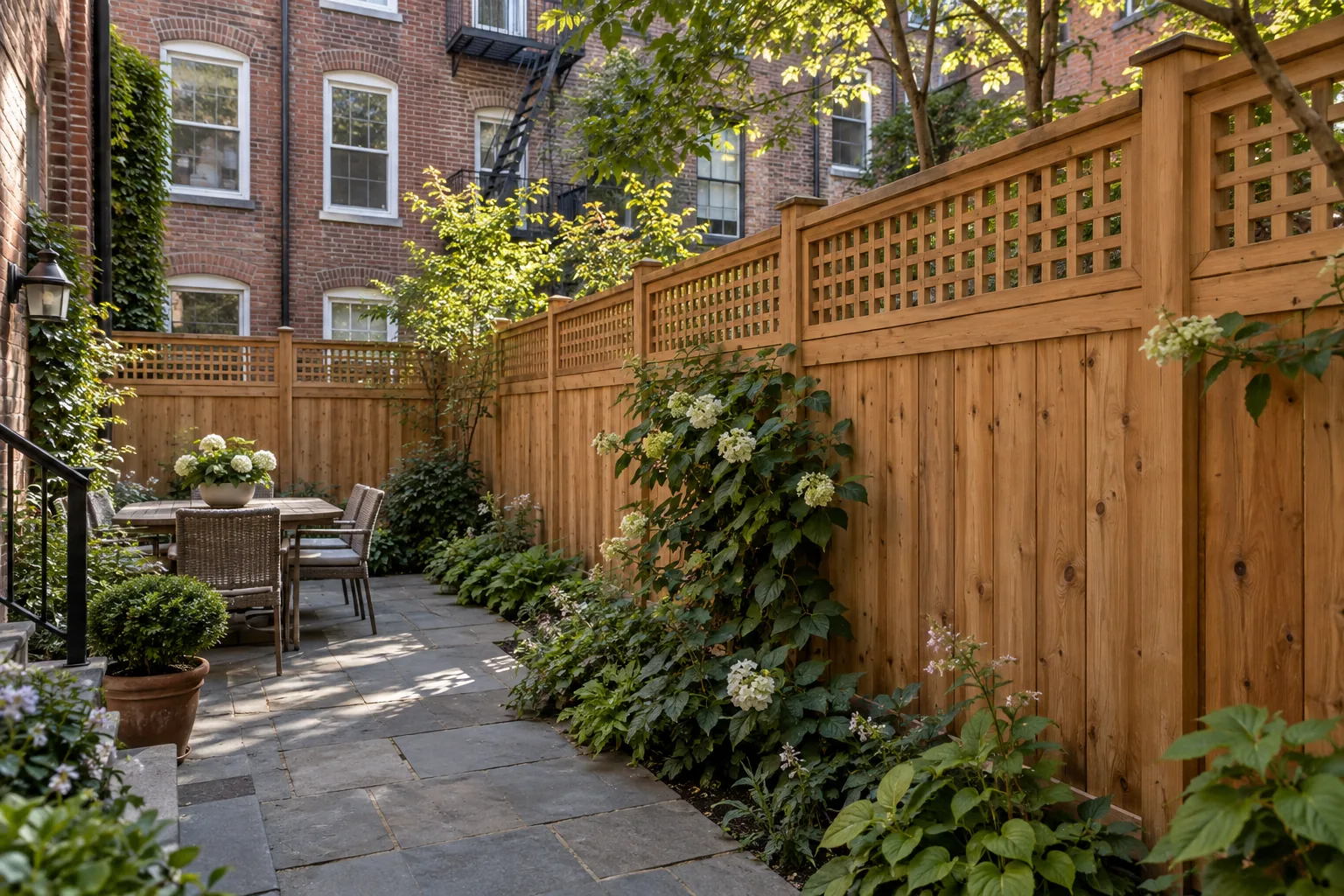 Brownstone garden and cedar lattice