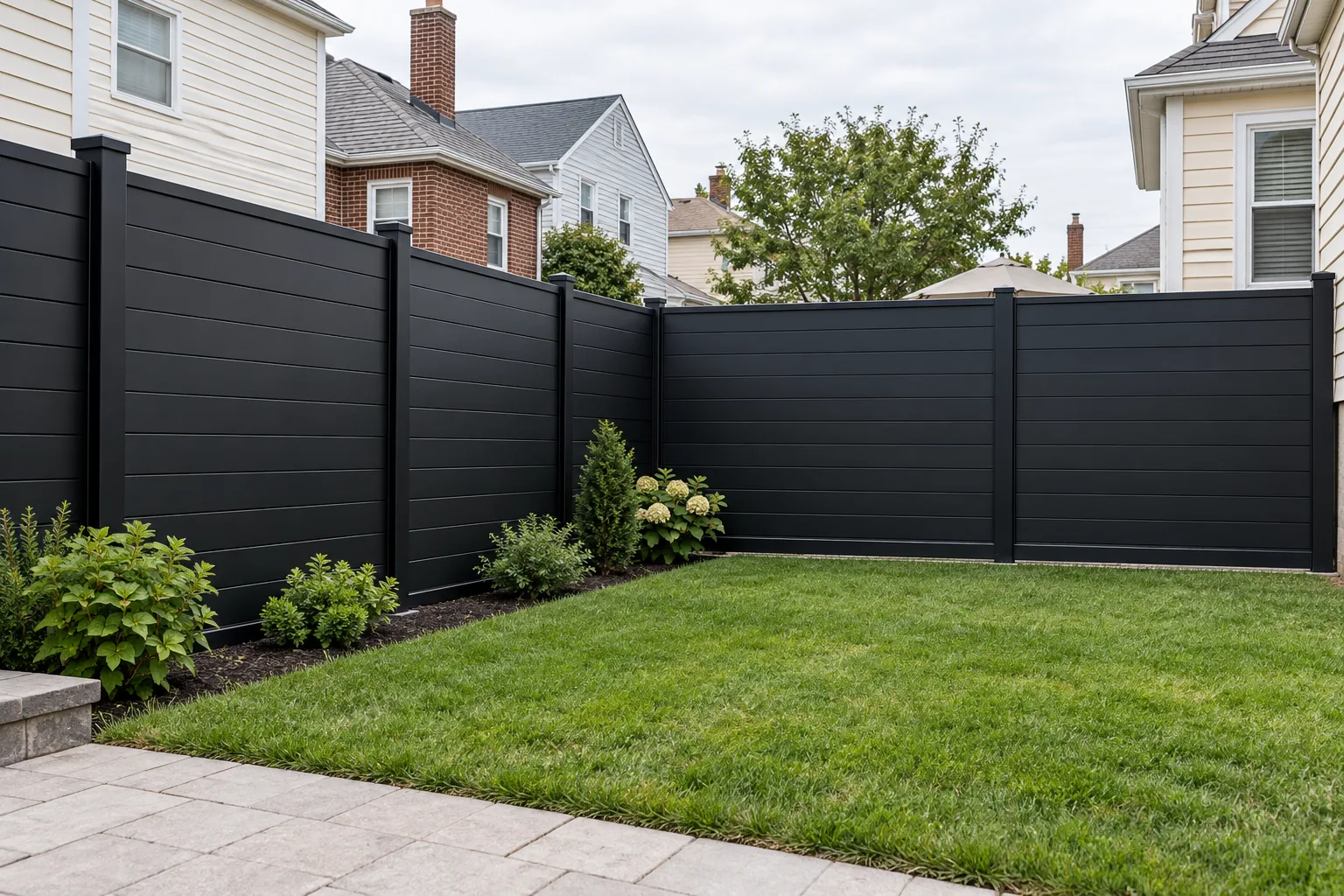 Horizontal aluminum privacy · full fence view