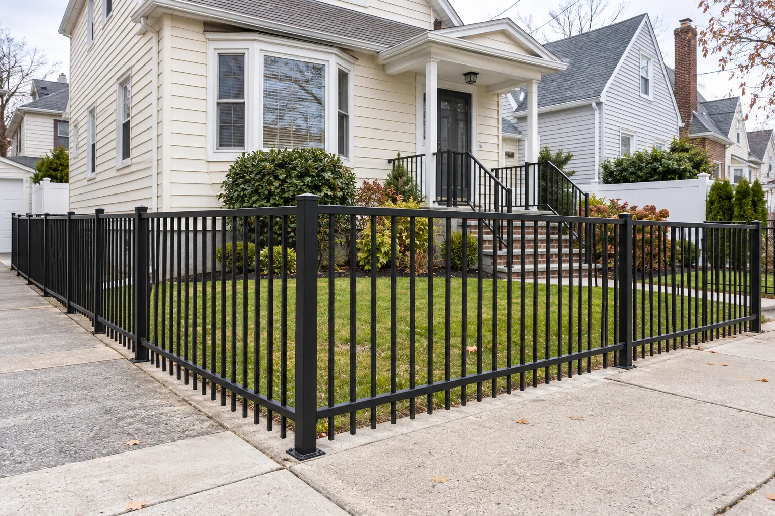 Two-rail ornamental steel · full fence view