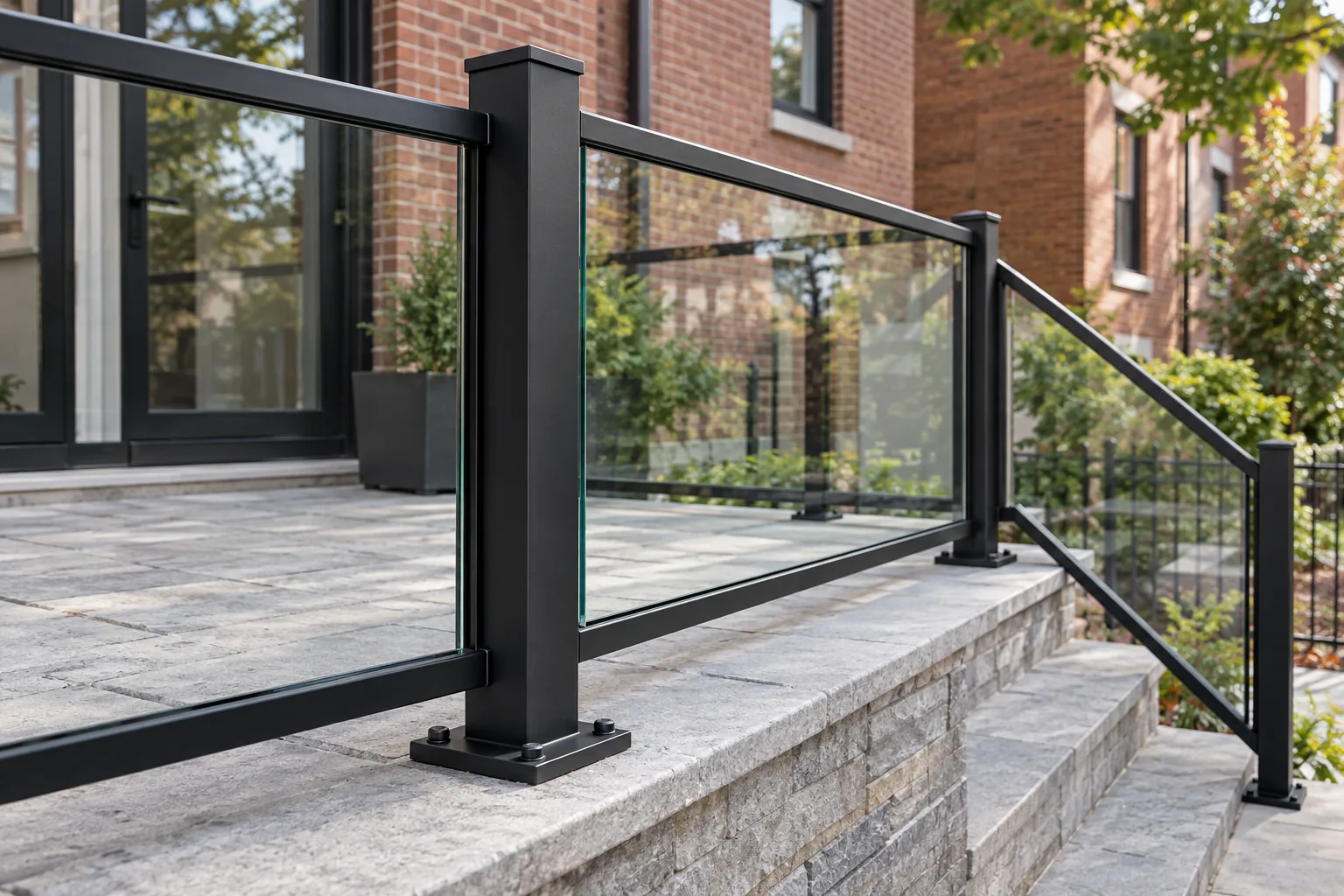 Aluminum and glass railing · close-up design detail