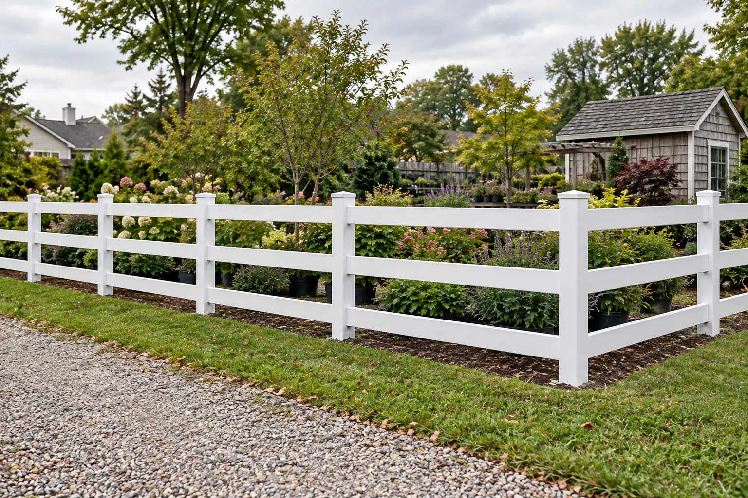 Three-rail vinyl · full fence view