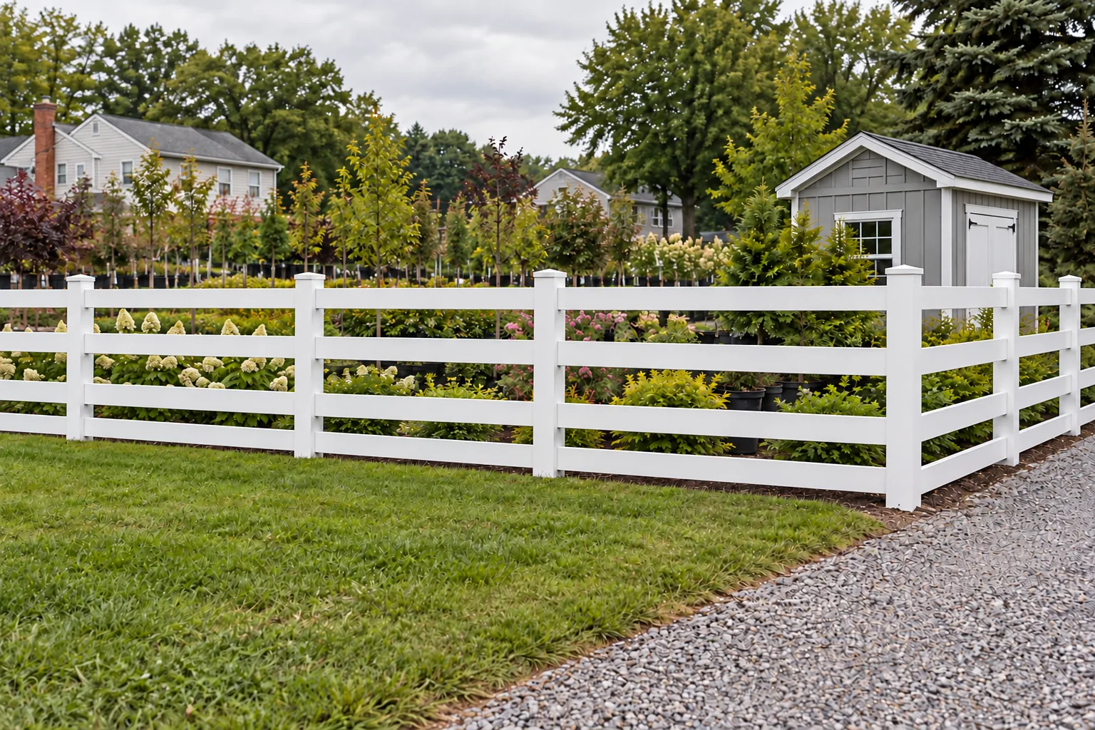 Four-rail vinyl · full fence view
