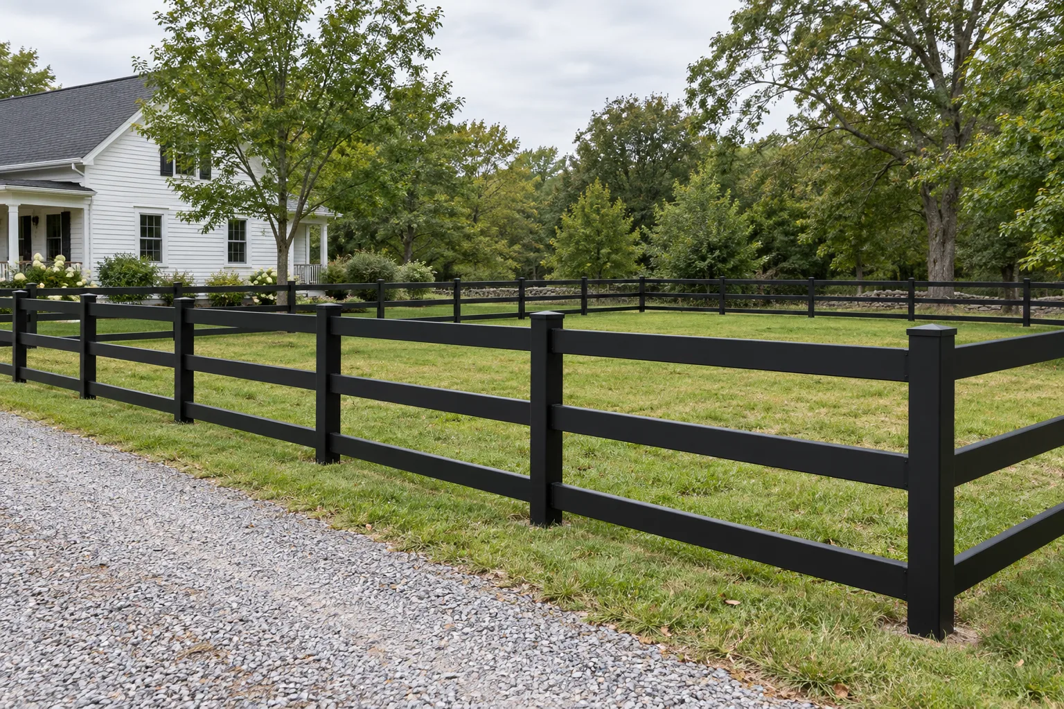 Steel ranch rail · full fence view