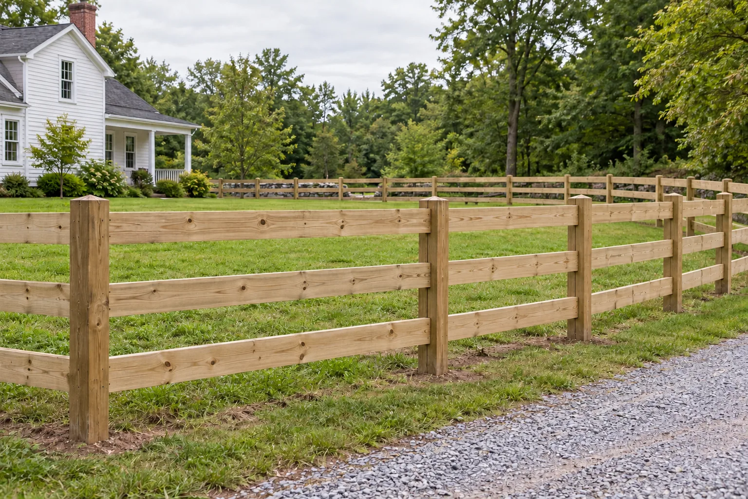 Three-board ranch rail · full fence view
