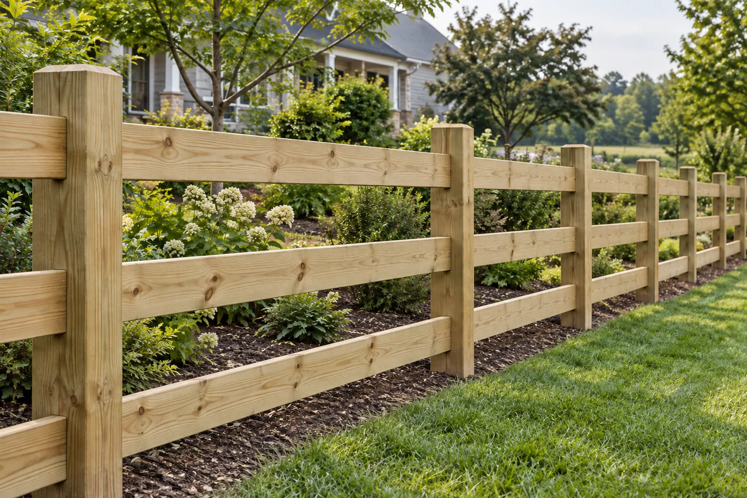 Three-board ranch rail · close-up design detail