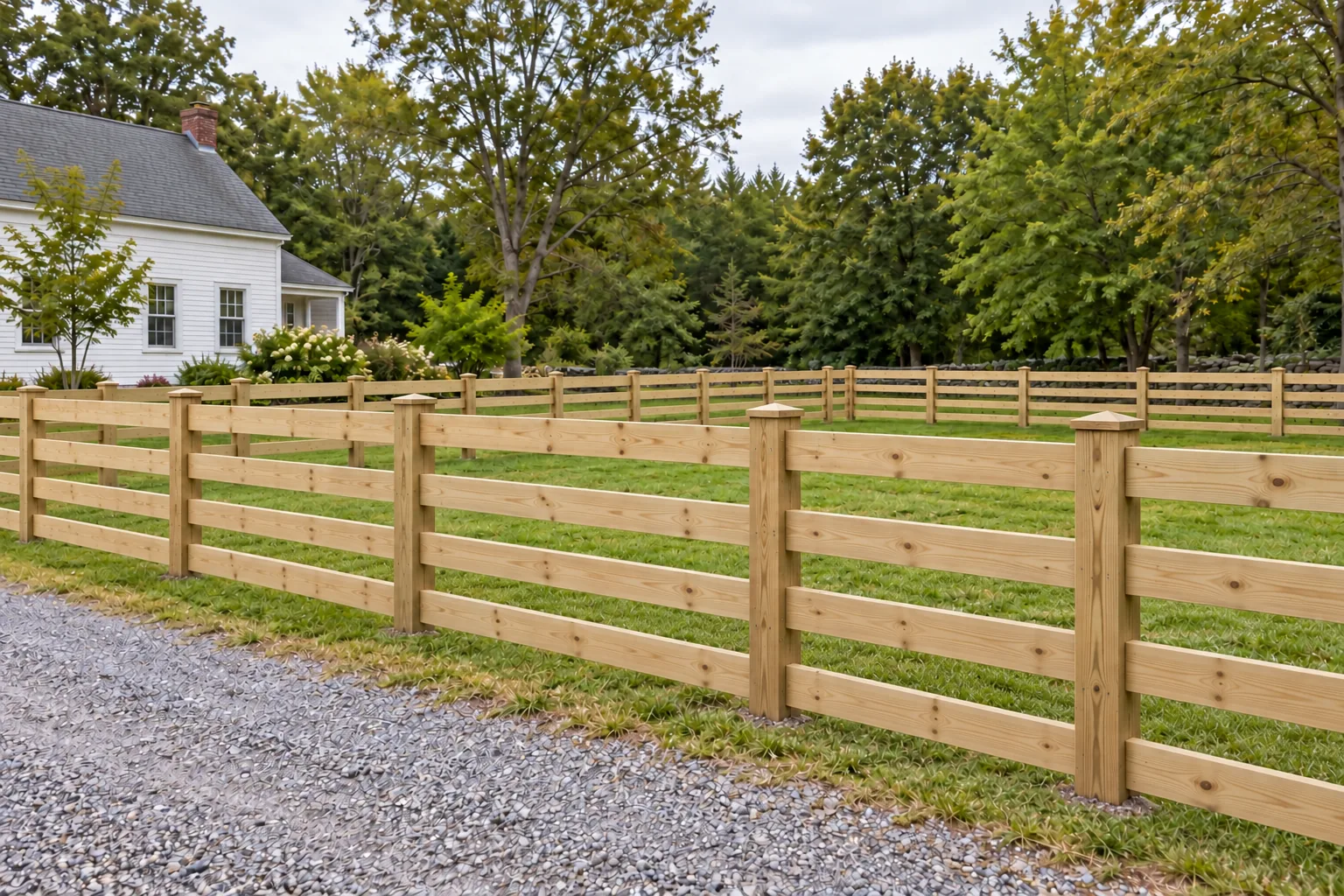 Four-board ranch rail · full fence view