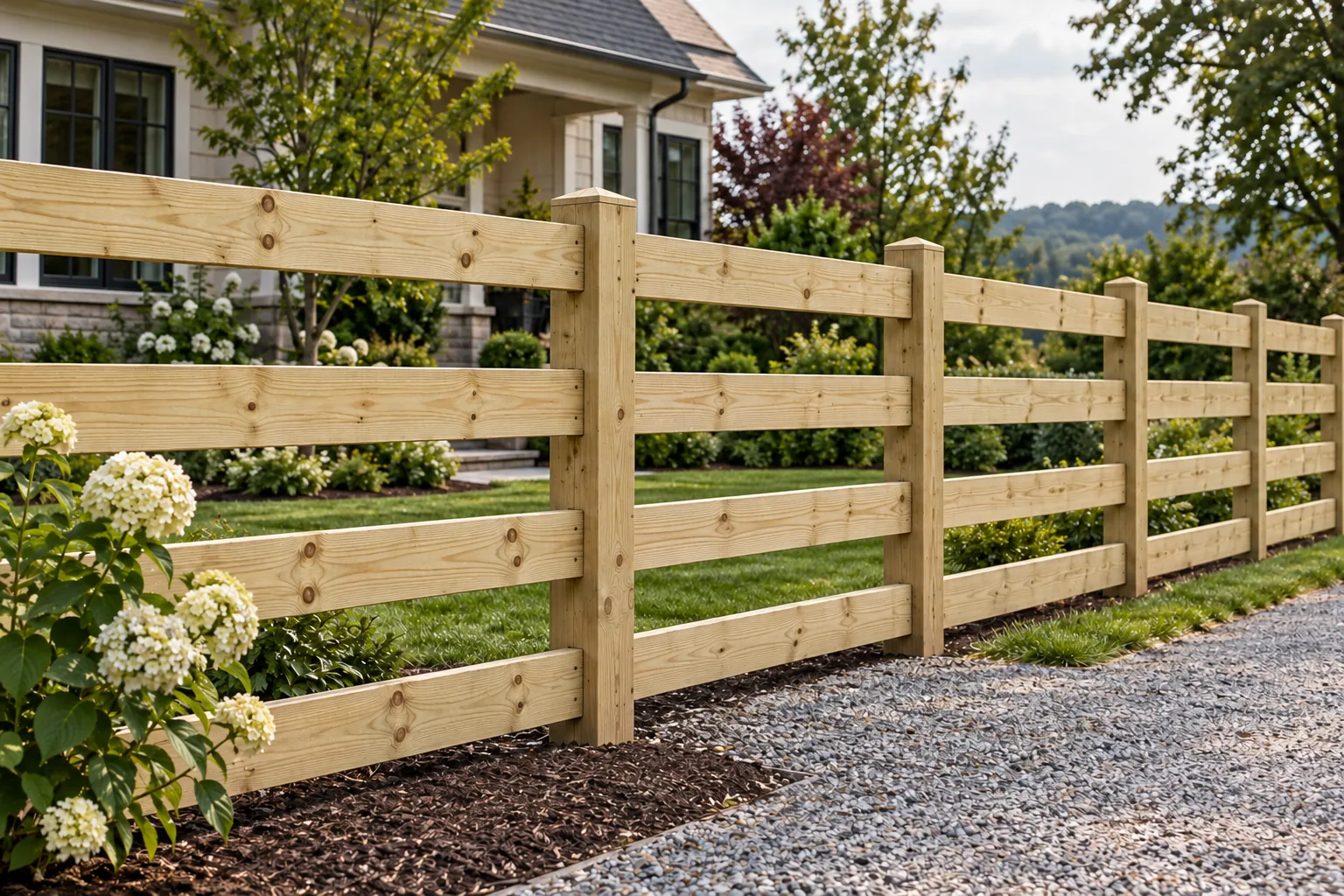 Four-board ranch rail · close-up design detail