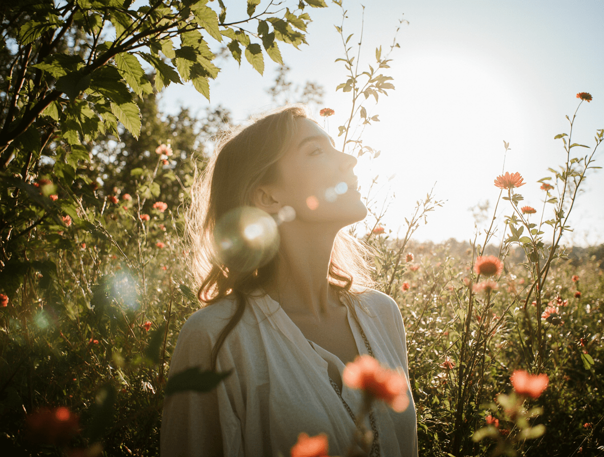 Woman in a white blouse standing among wildflowers with sunlight shining behind her.