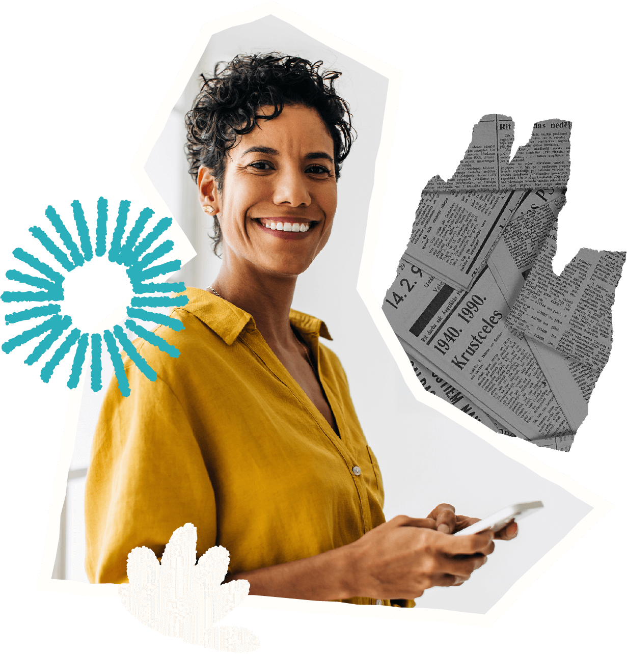 Smiling woman with curly hair wearing a mustard yellow shirt, holding a smartphone with decorative collage elements around her.