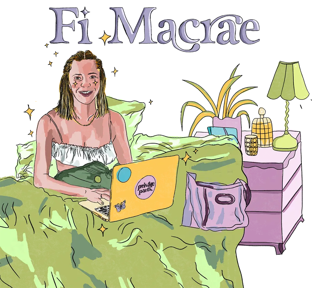 An illustration of Fi sitting in bed. The name 'Fi Macrae' is written above them