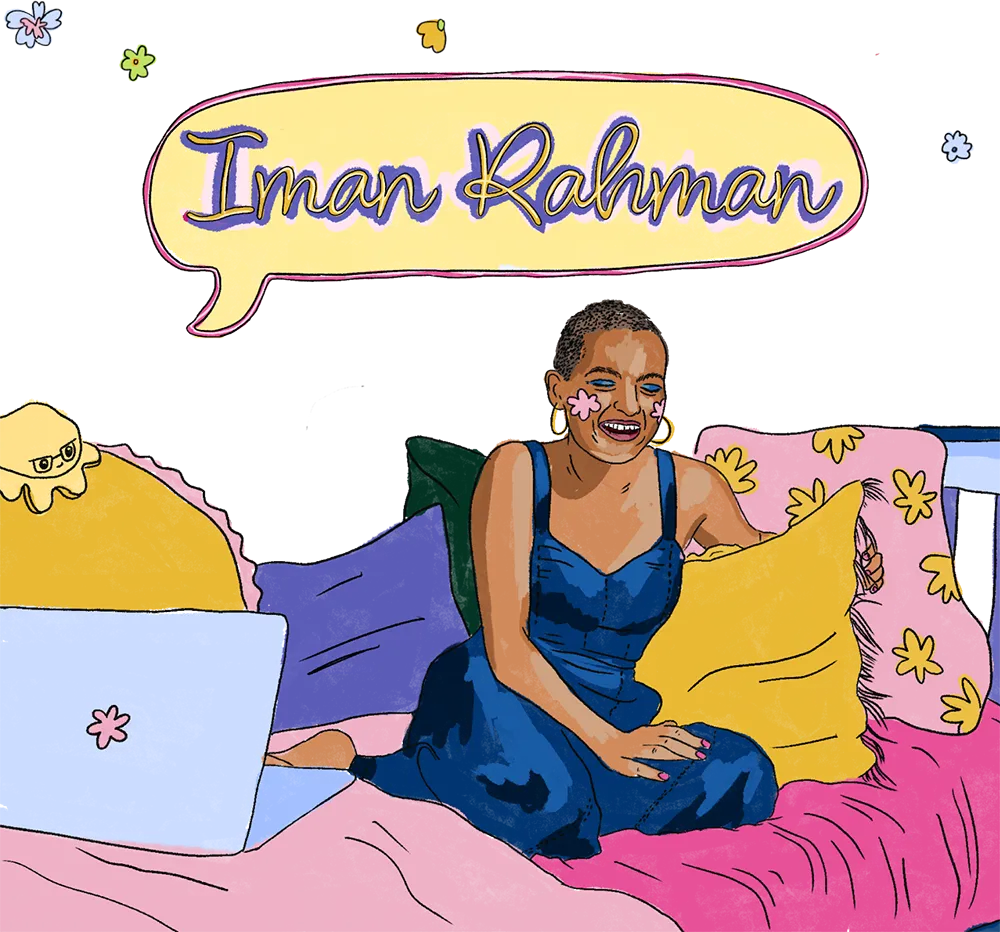 An illustration of Iman sitting in bed. The name 'Iman Rahman' is hung up above them in a speech bubble