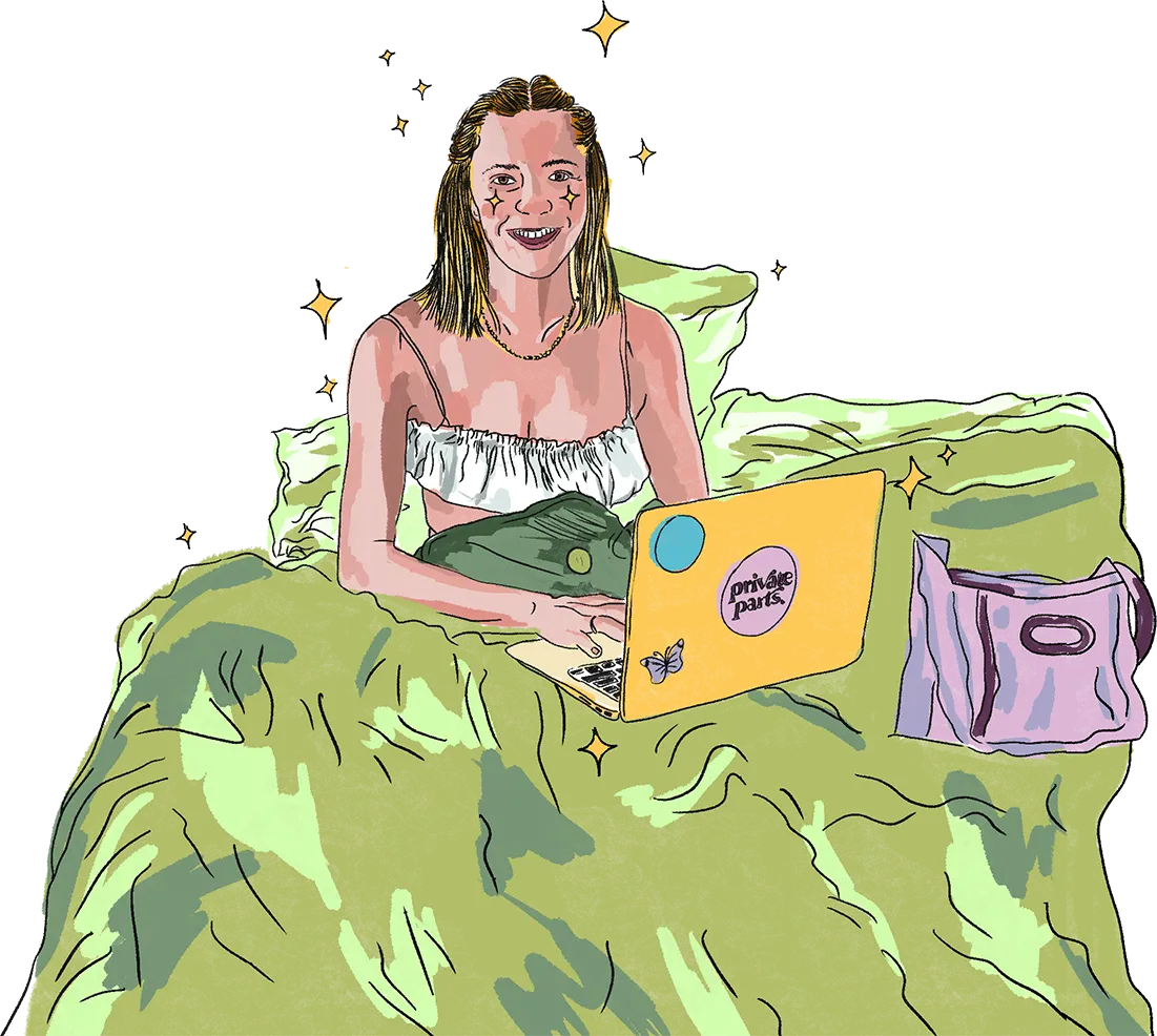 An illustration of Fi sitting in bed