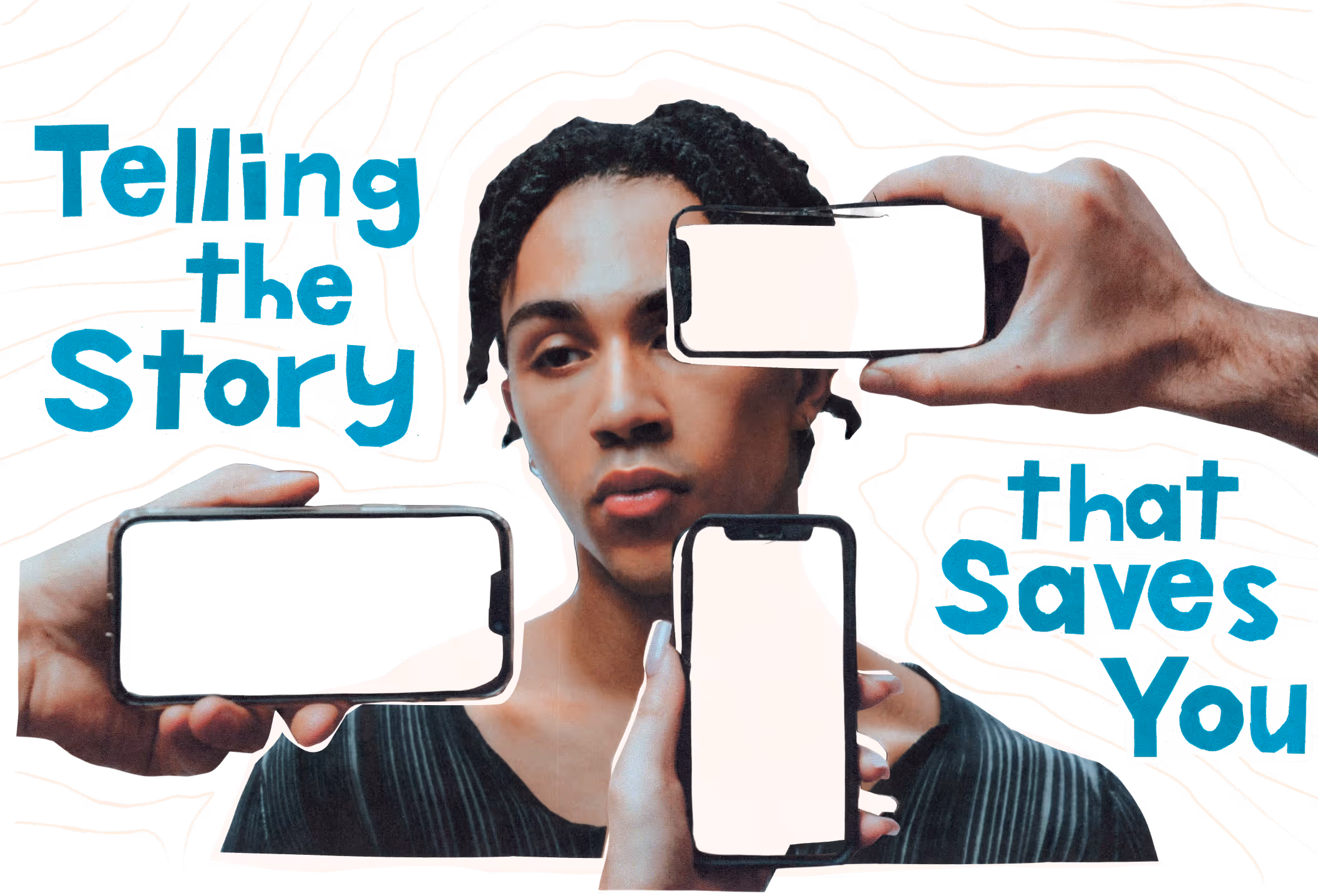 A collage style heading banner with the words 'Telling the story that saves you'