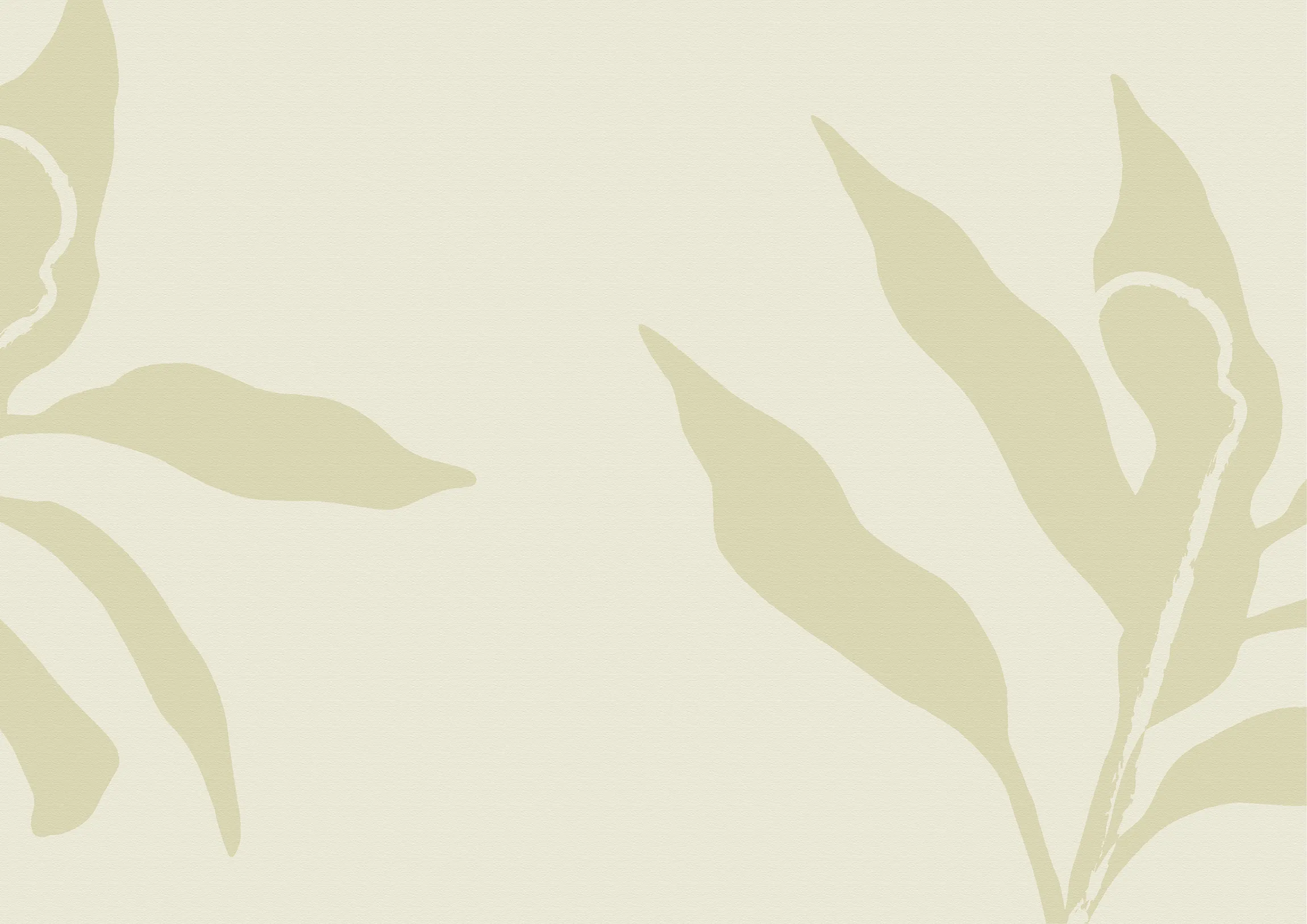 Cream background with large, pale green abstract leaf shapes on the left and right sides.