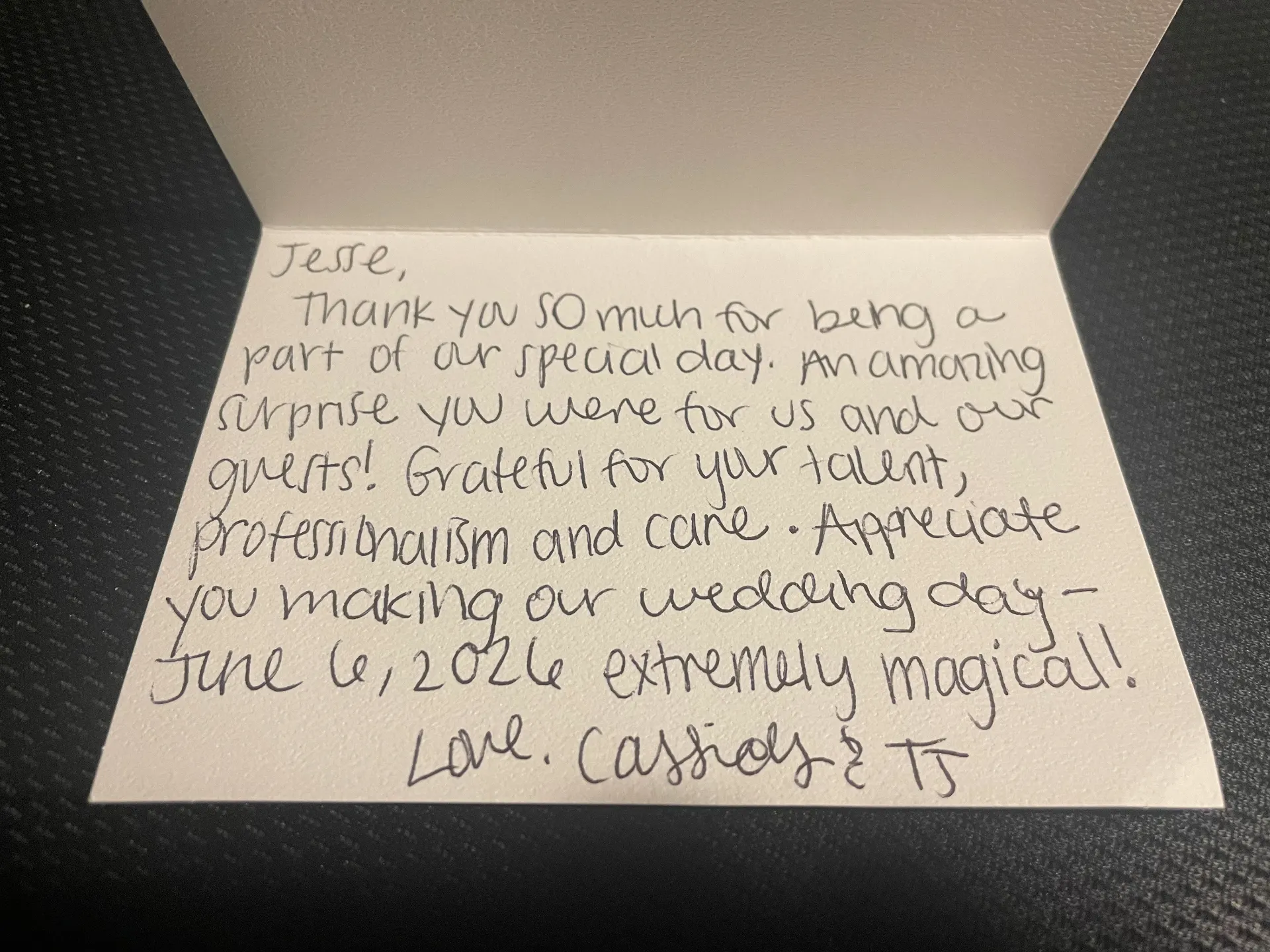 Thank-you card from Cassidy and TJ after their June 6 2026 wedding