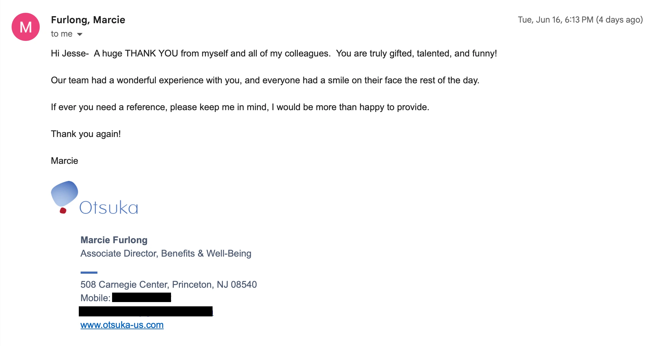 Email feedback about Jesse Dameron’s interactive magic performance for an Otsuka Pharmaceutical corporate retreat.
