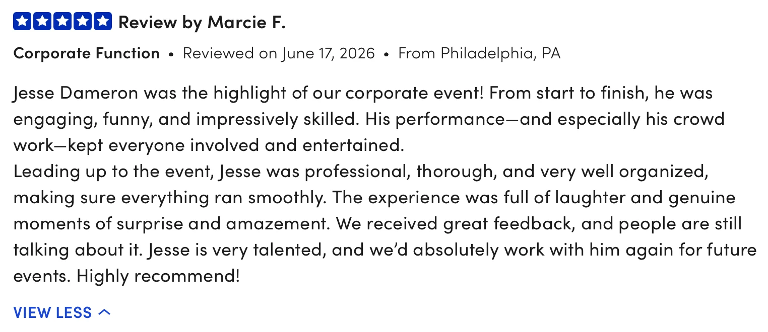 Verified review from Marcie at Otsuka Pharmaceutical praising Jesse Dameron’s corporate event performance.