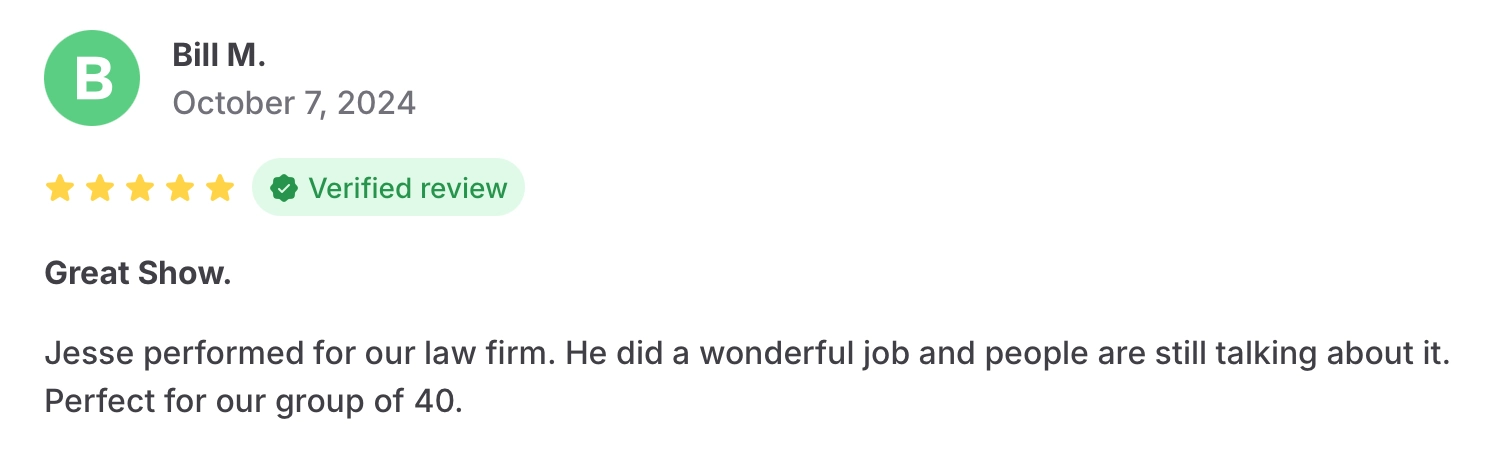 Screenshot of a five-star verified GigSalad review for Jesse Dameron from Bill M., dated October 7, 2024