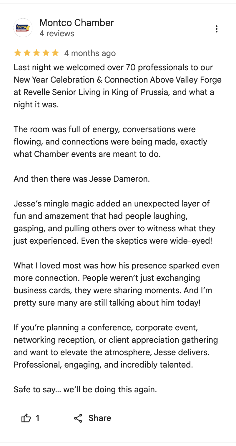 Five-star Google review from Montco Chamber describing Jesse Dameron's strolling magic at their New Year networking reception at Revelle Senior Living in King of Prussia