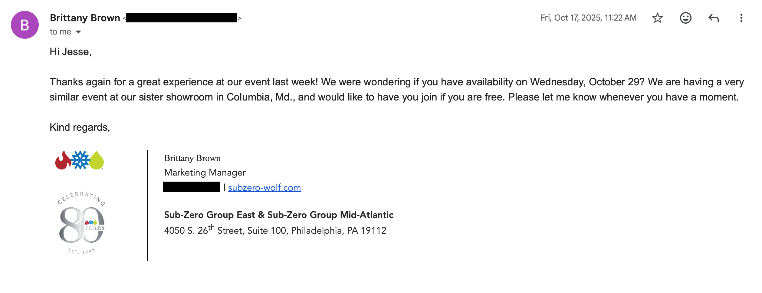 Email from Brittany Brown, Marketing Manager at Sub-Zero, Wolf, and Cove, thanking Jesse Dameron for a great experience at their event and asking his availability for a similar event at a second showroom. Her email address and phone number are redacted to protect her private contact details; the message is otherwise unedited.