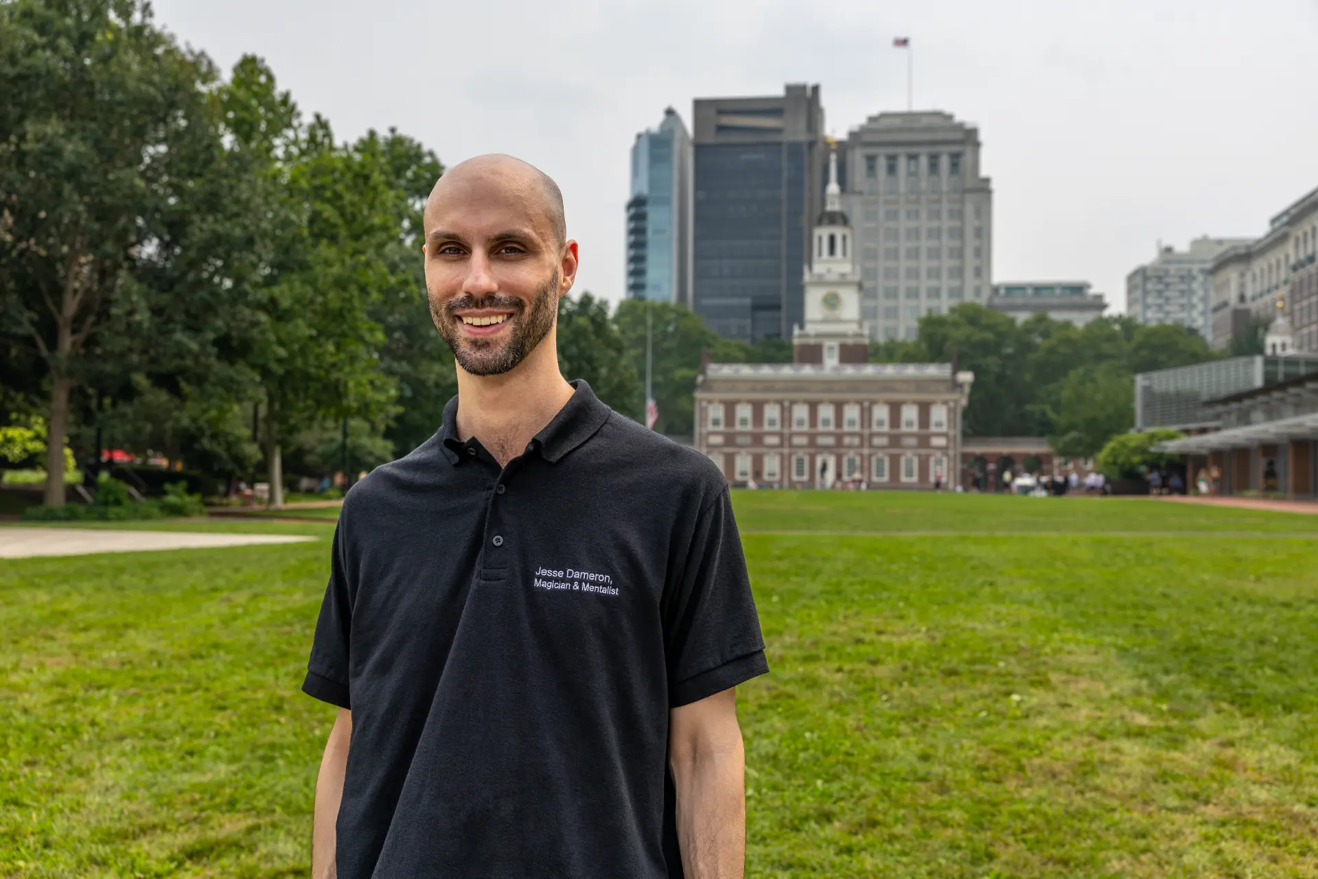 Philadelphia magician Jesse Dameron is shown standing in front of Independence Hall in Center City Philadelphia.