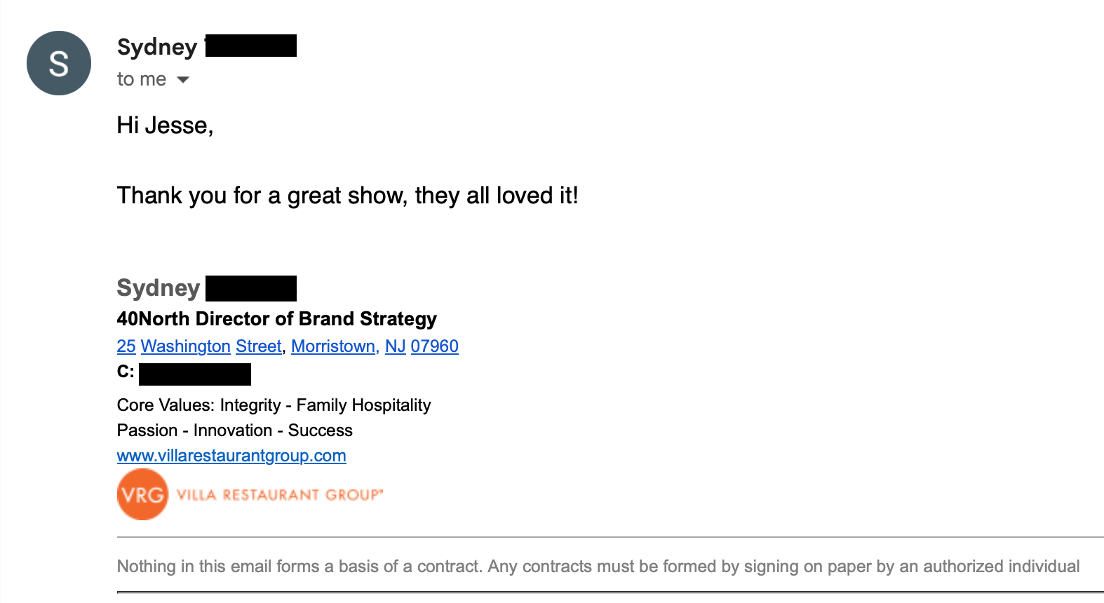 Thank-you email from Villa Restaurant Group after Jesse Dameron’s show at Wind Creek Bethlehem