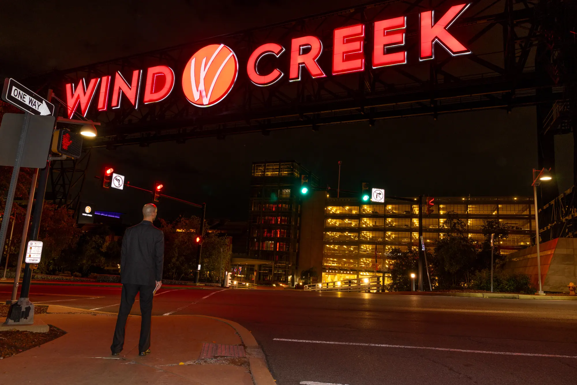 Jesse Dameron beneath the Wind Creek sign at Wind Creek Bethlehem in Bethlehem, PA
