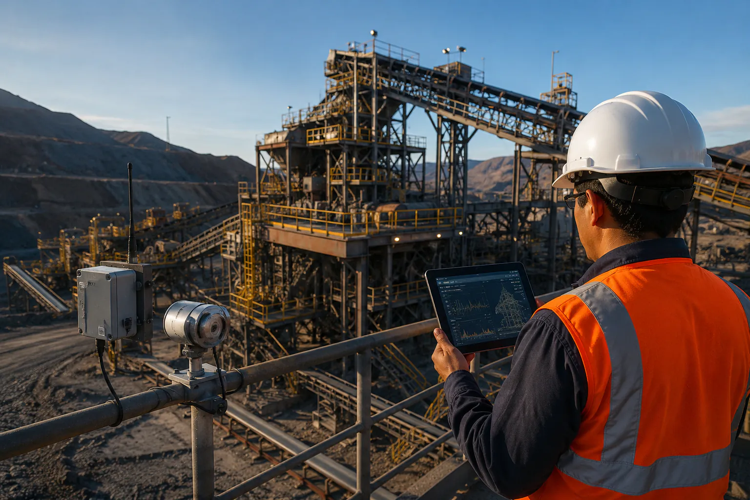 Ingeniero con tablet supervisando una planta minera