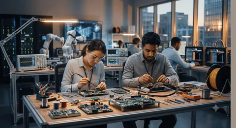 Ingenieros de Geosinergia TECH trabajando en un laboratorio de electrónica
