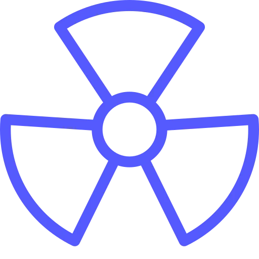 Blue outlined symbol representing radiation hazard with three curved blades around a central circle.