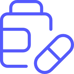 Blue icon of a medicine bottle with a capsule pill next to it.
