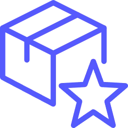 Blue outline of an open box with a five-pointed star in front of it.