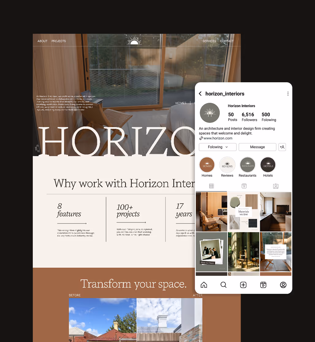 Website and Instagram profile showcasing Horizon Interiors, an architecture and interior design firm specializing in comfortable living spaces, highlighting 8 features, 100+ projects, and 17 years of experience with before-and-after transformation images.
