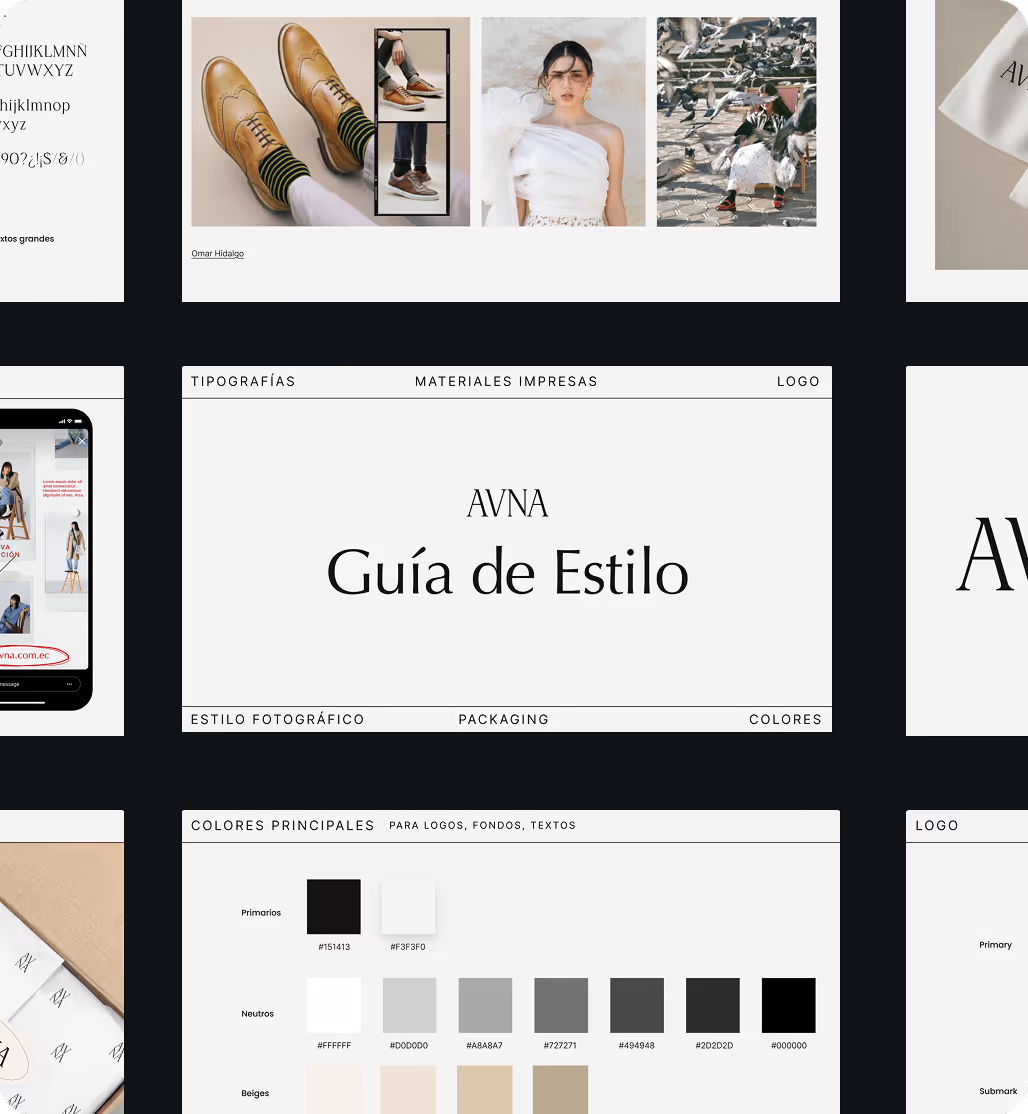 Brand style guide layout showing typography, printed materials, packaging, colors, and logo variations for AVNA.