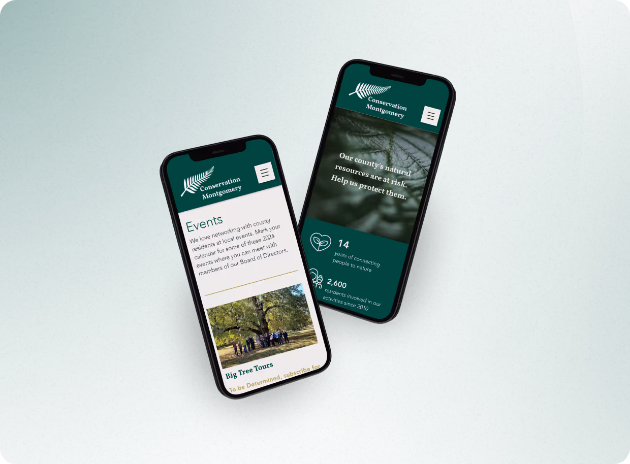 Two smartphones displaying Conservation Montgomery website pages about events and natural resource protection.