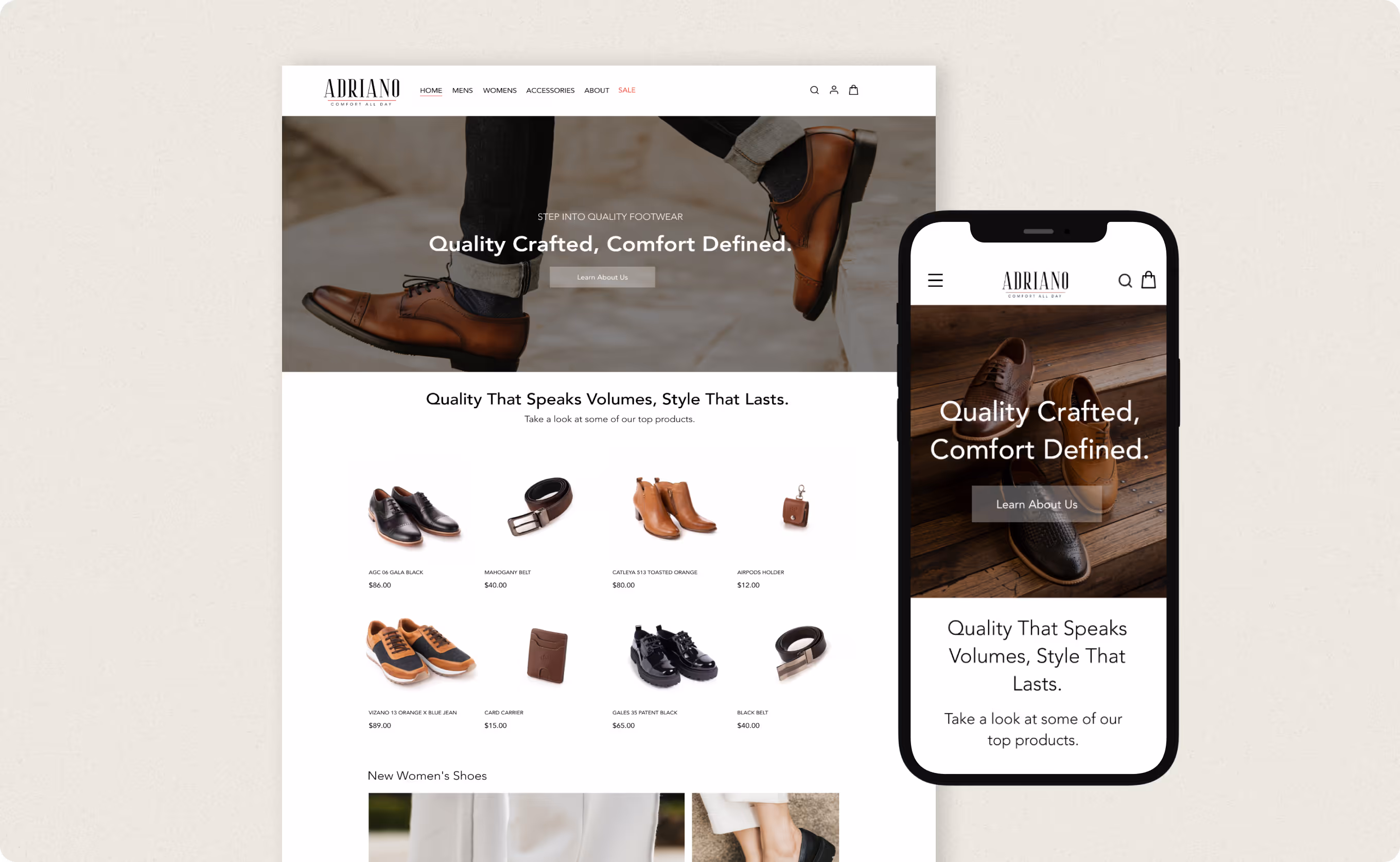 Website and mobile view of Adriano footwear showing brown leather shoes, belts, and accessories with the slogan 'Quality Crafted, Comfort Defined.'
